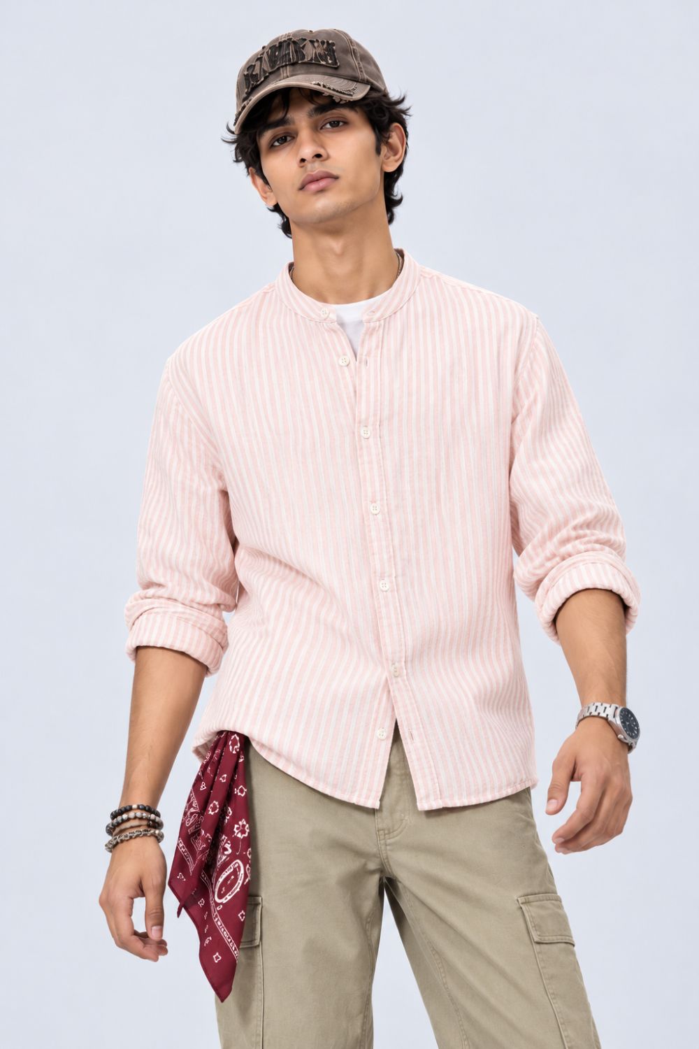Mens Dusty Pink Striped Band Collar Shirt - Image 1