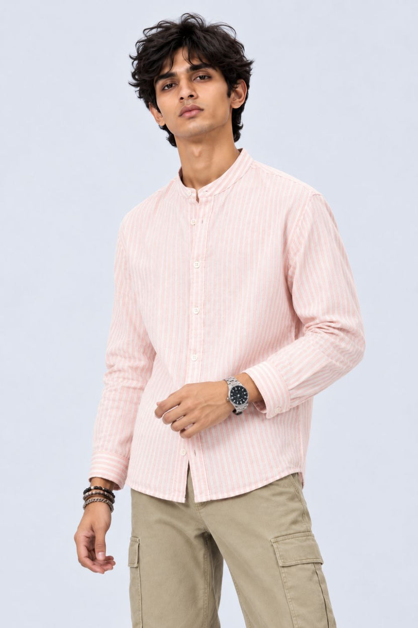 Mens Dusty Pink Striped Band Collar Shirt - Image 2