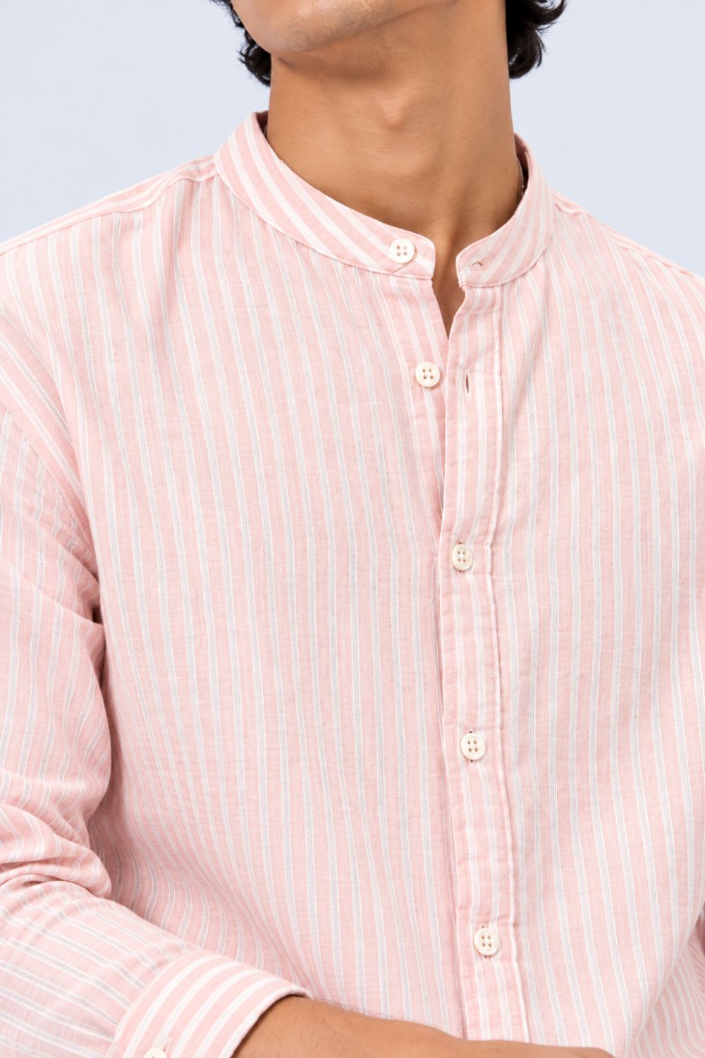 Mens Dusty Pink Striped Band Collar Shirt - Image 3