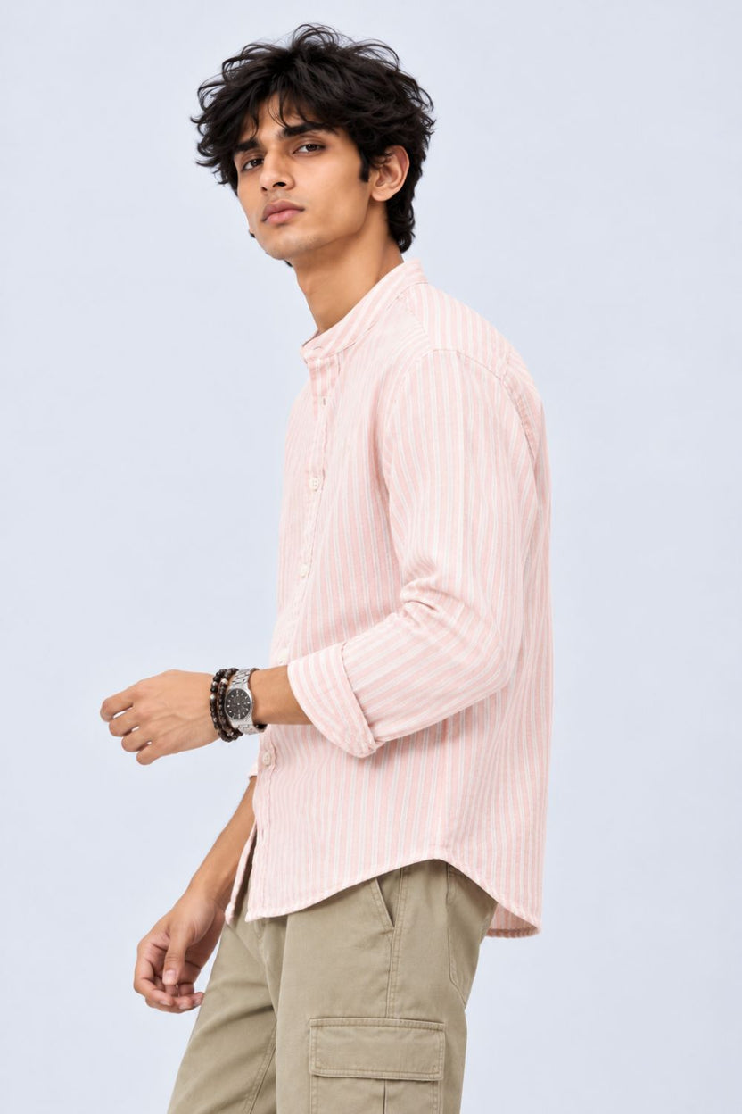 Mens Dusty Pink Striped Band Collar Shirt - Image 4
