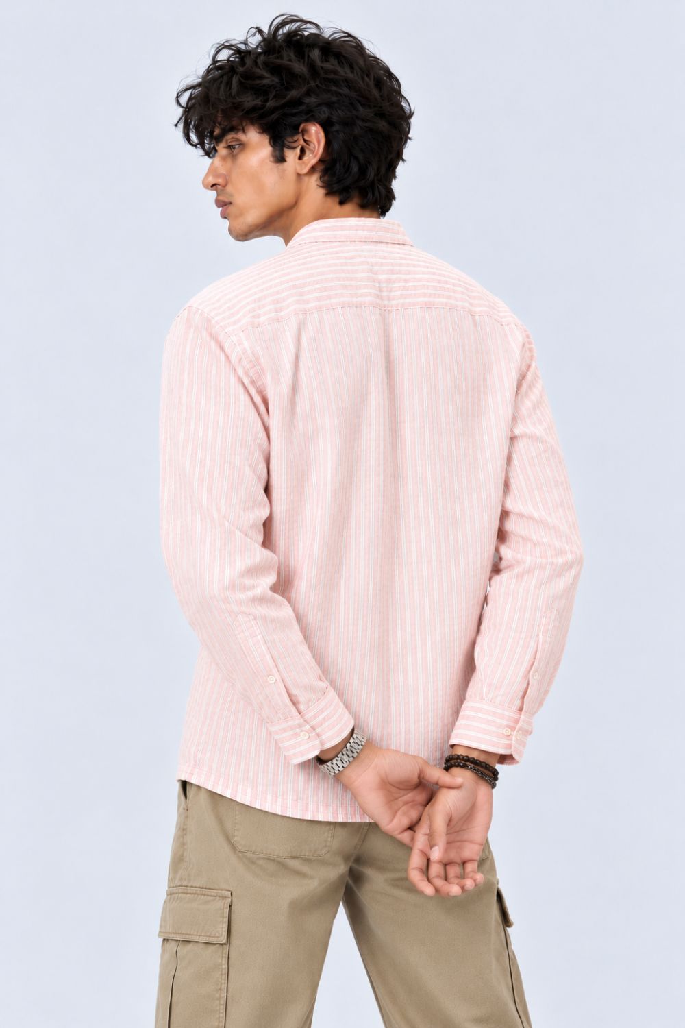 Mens Dusty Pink Striped Band Collar Shirt - Image 5