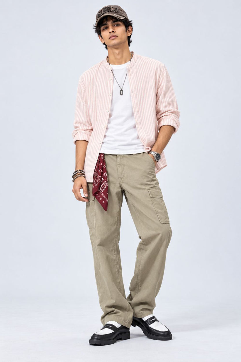 Mens Dusty Pink Striped Band Collar Shirt - Image 6
