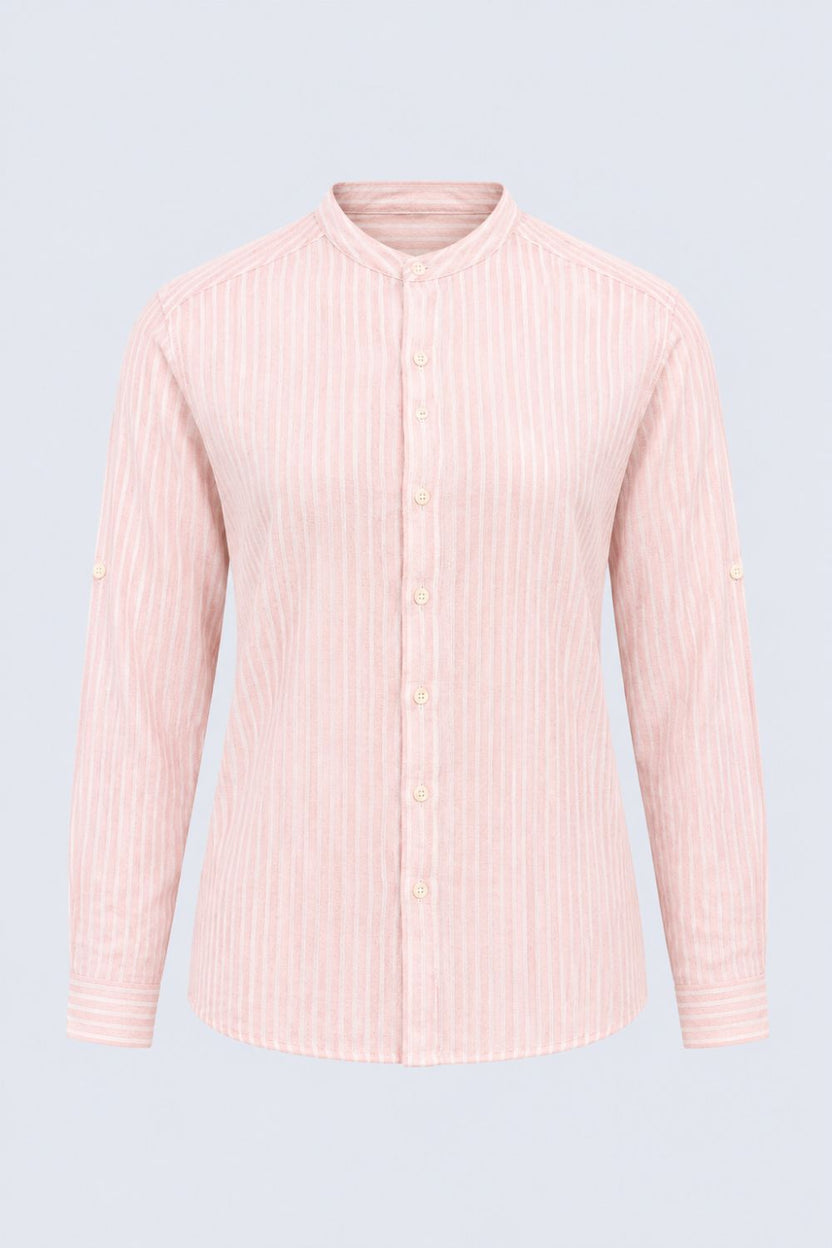 Mens Dusty Pink Striped Band Collar Shirt - Image 7