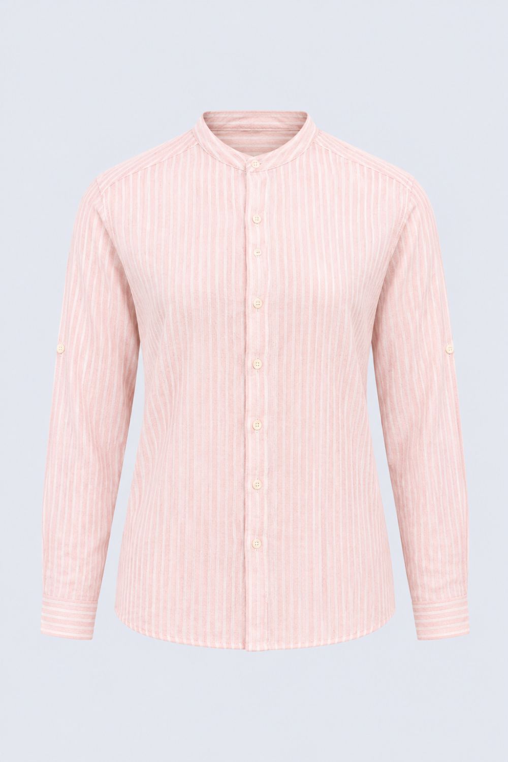 Mens Dusty Pink Striped Band Collar Shirt - Image 7