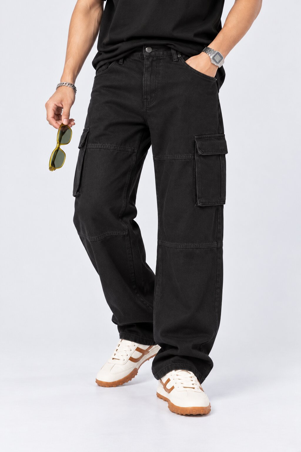 Mens Black Utility Pocket Cargo Jeans - Image 1