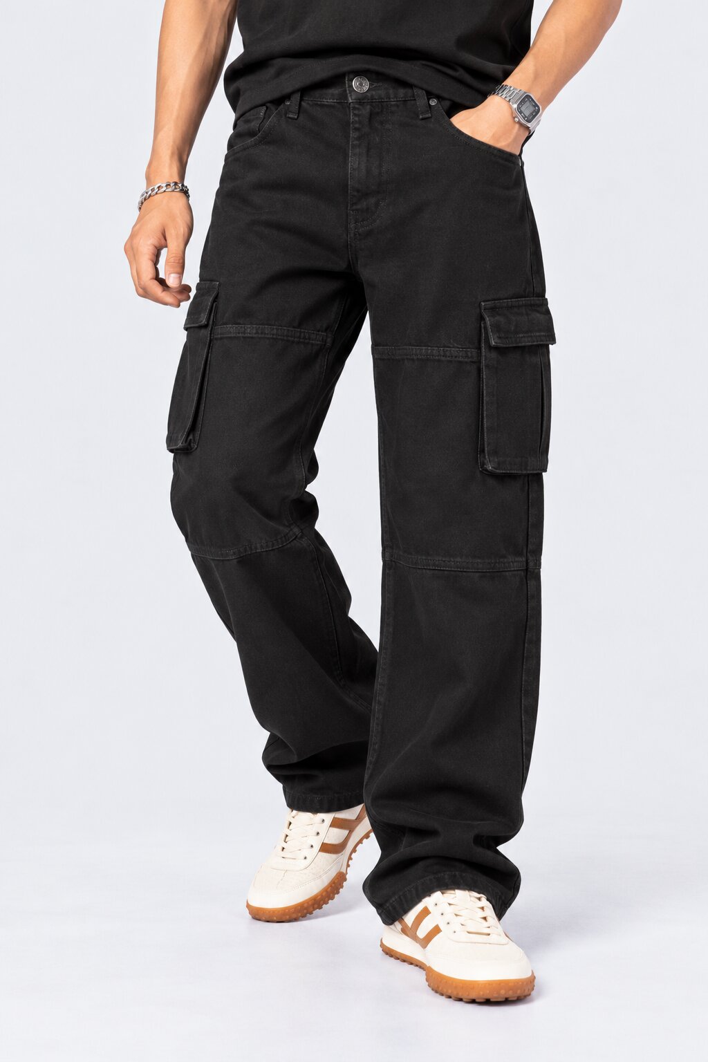 Mens Black Utility Pocket Cargo Jeans - Image 2