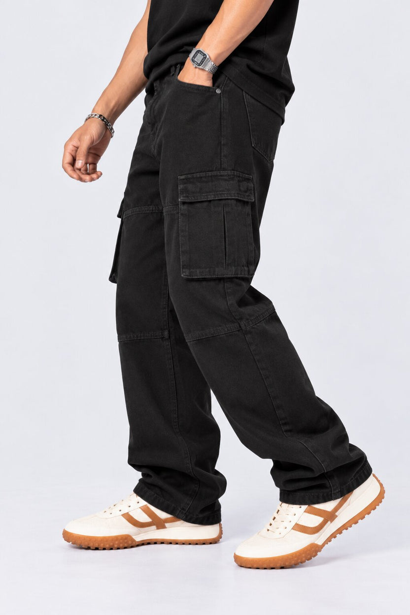 Mens Black Utility Pocket Cargo Jeans - Image 4