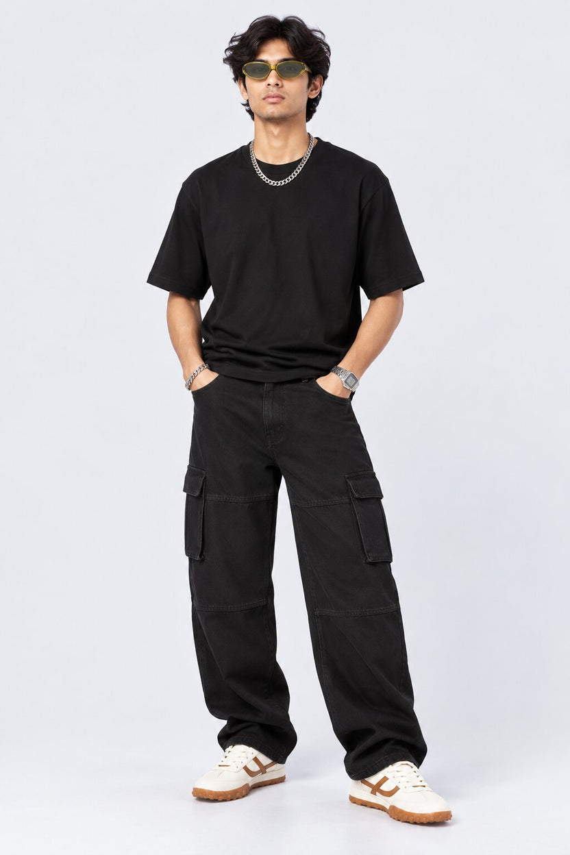 Mens Black Utility Pocket Cargo Jeans - Image 6