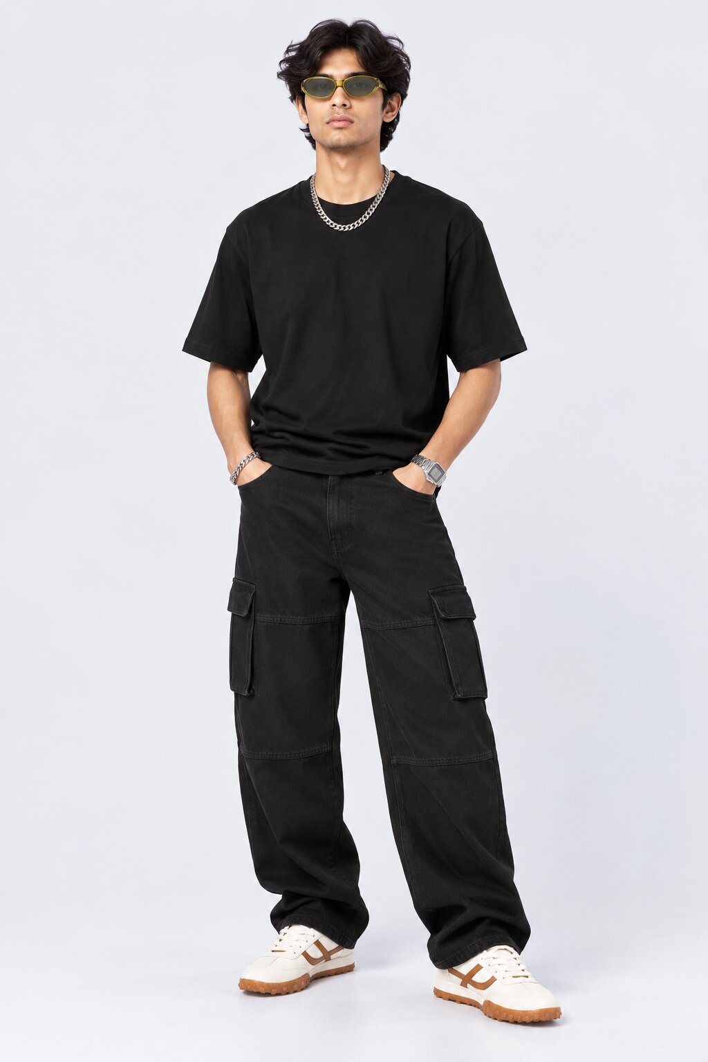 Mens Black Utility Pocket Cargo Jeans - Image 6