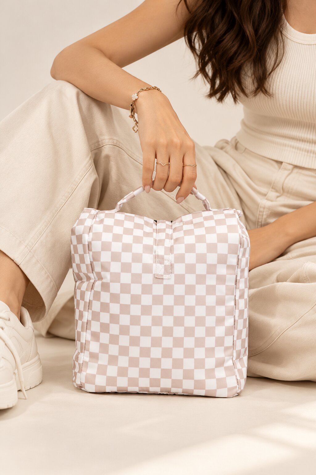 Womens Beige Checkered Storage Organizer Bag - Image 1