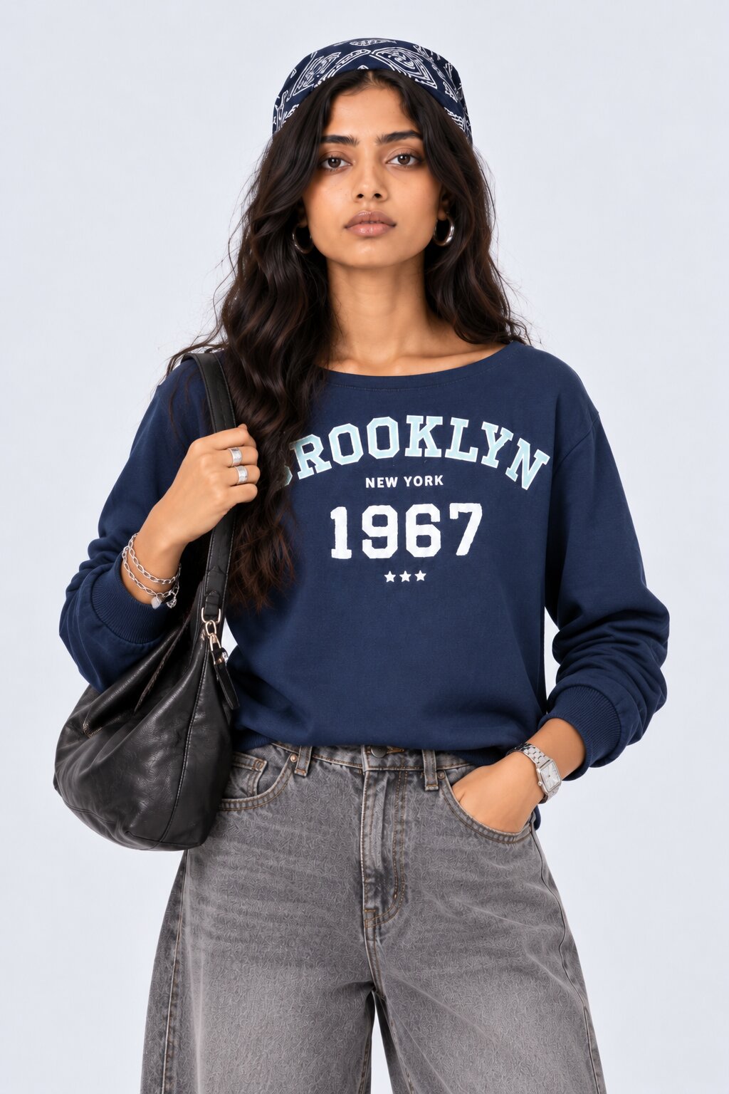 Womens Navy Drop Shoulder Sleeves Regular Fit Sweatshirt - Image 1