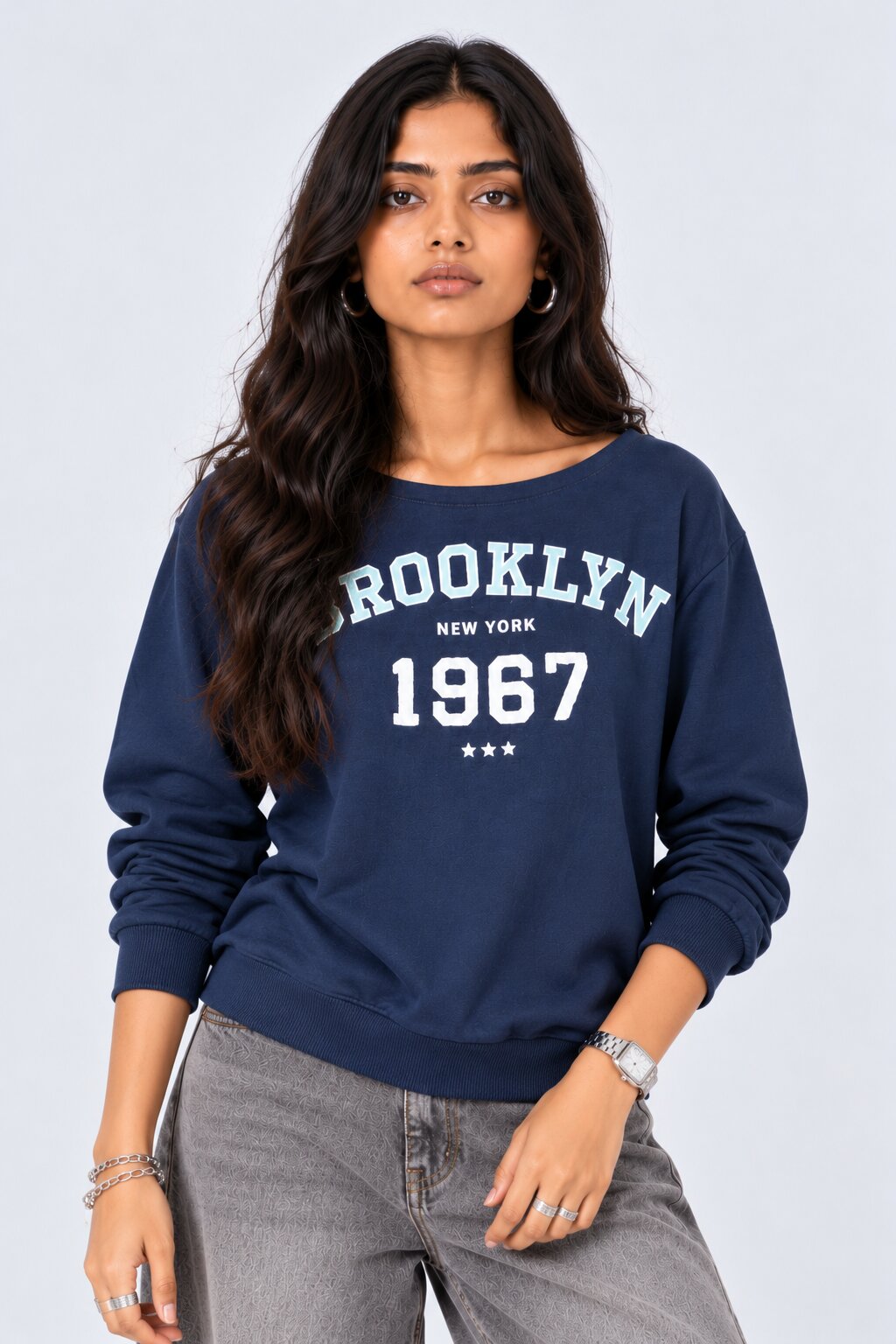 Womens Navy Drop Shoulder Sleeves Regular Fit Sweatshirt - Image 2