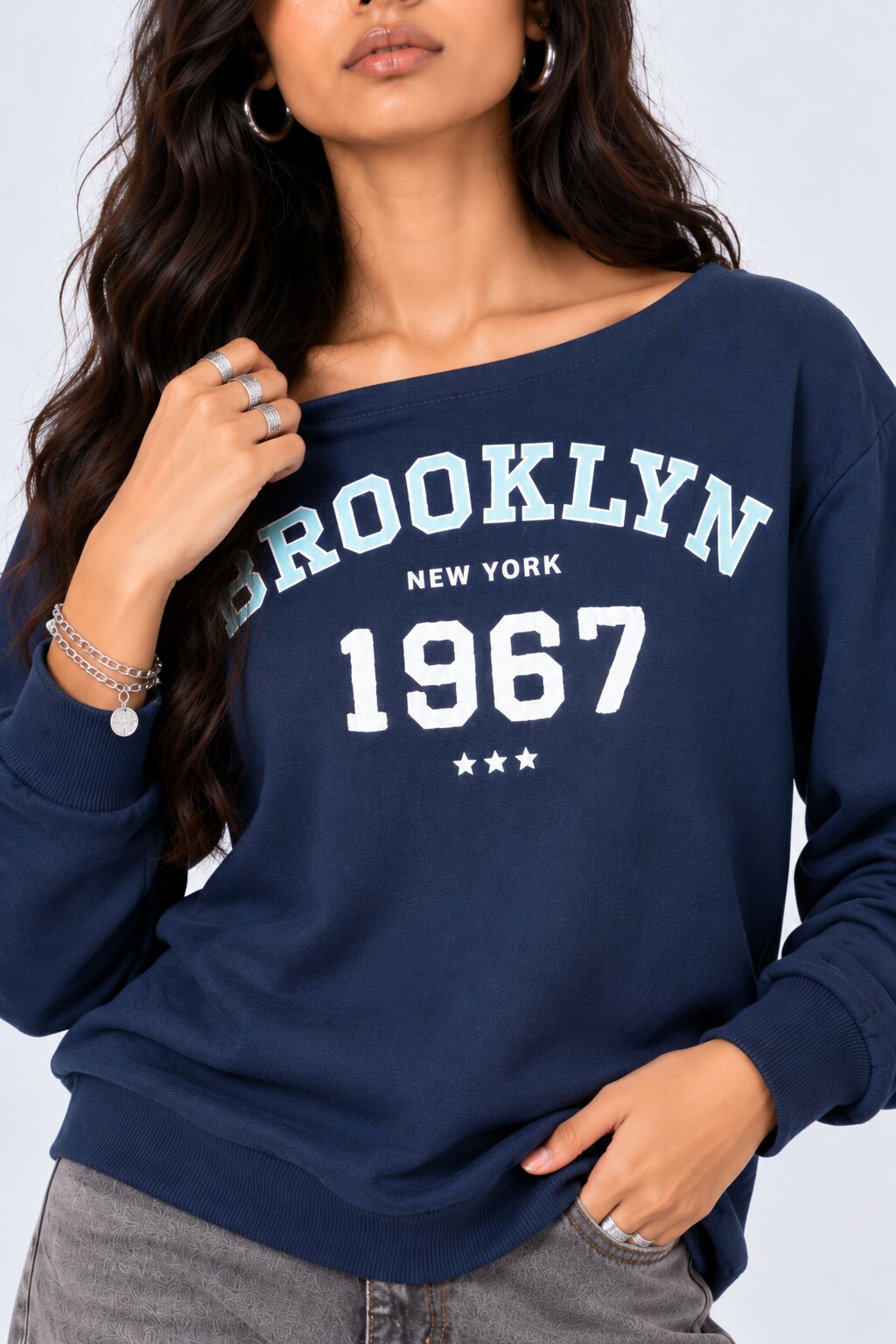 Womens Navy Drop Shoulder Sleeves Regular Fit Sweatshirt - Image 3