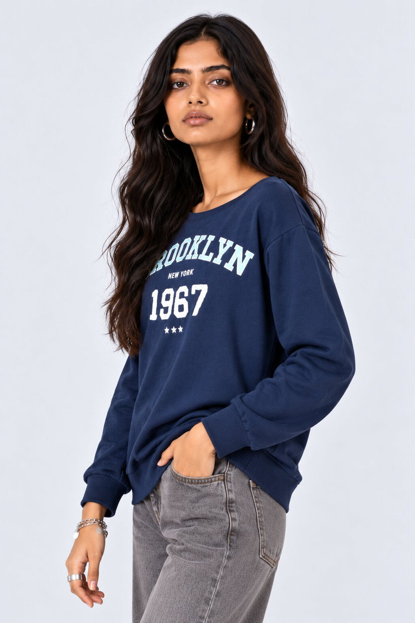 Womens Navy Drop Shoulder Sleeves Regular Fit Sweatshirt - Image 4