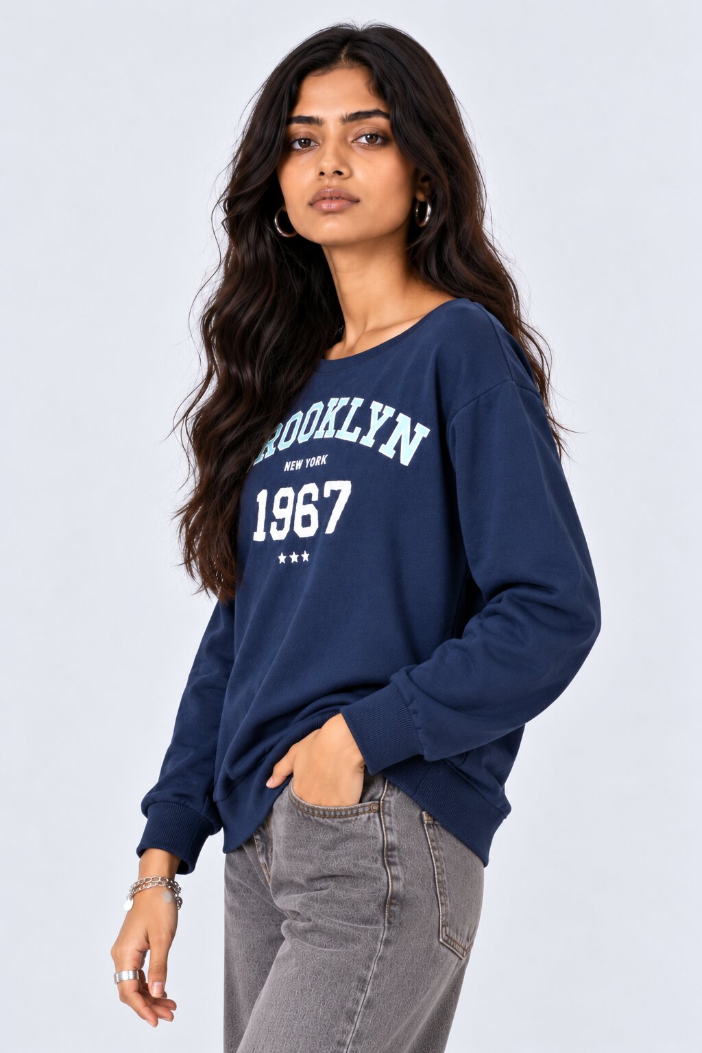 Womens Navy Drop Shoulder Sleeves Regular Fit Sweatshirt - Image 4