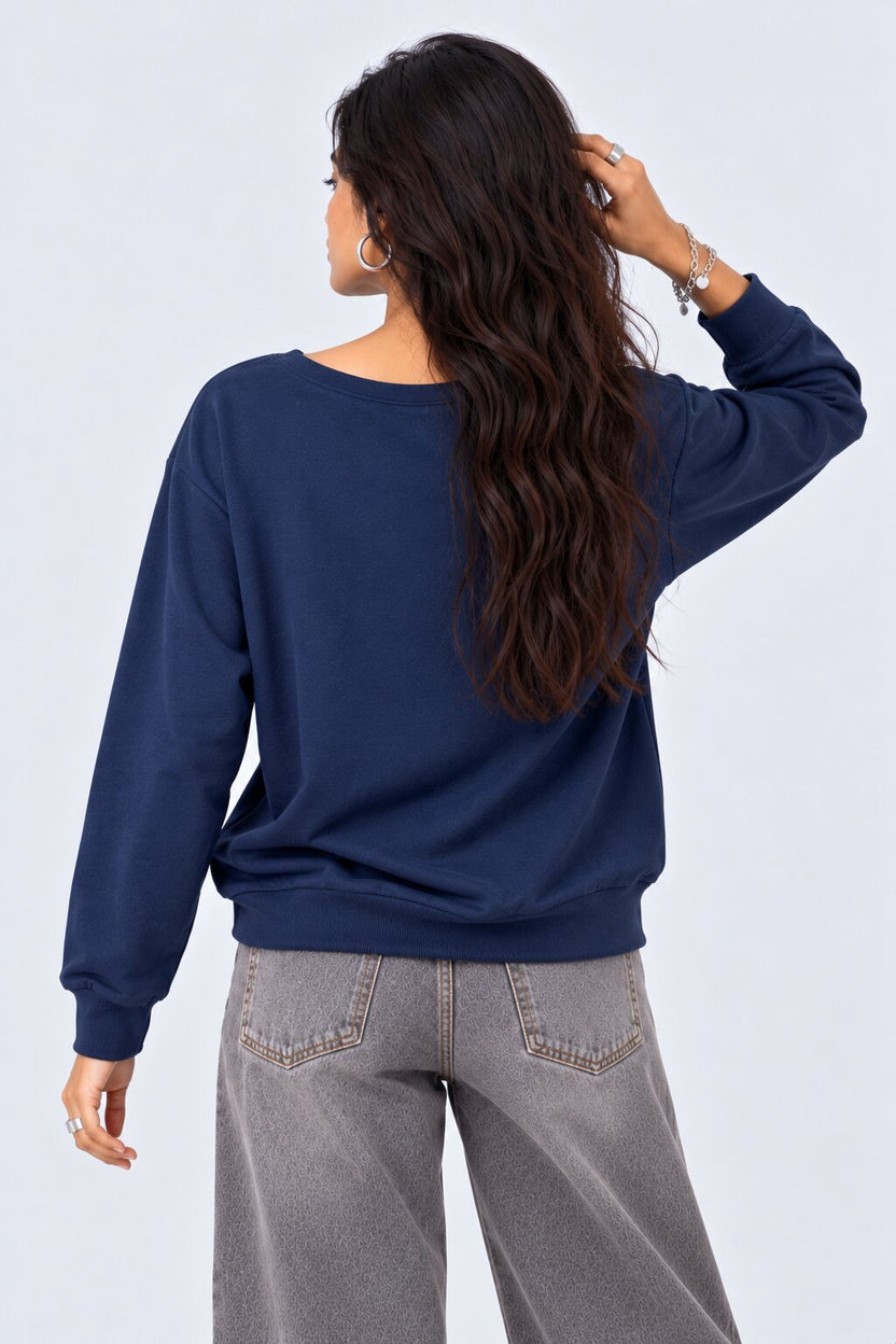 Womens Navy Drop Shoulder Sleeves Regular Fit Sweatshirt - Image 5