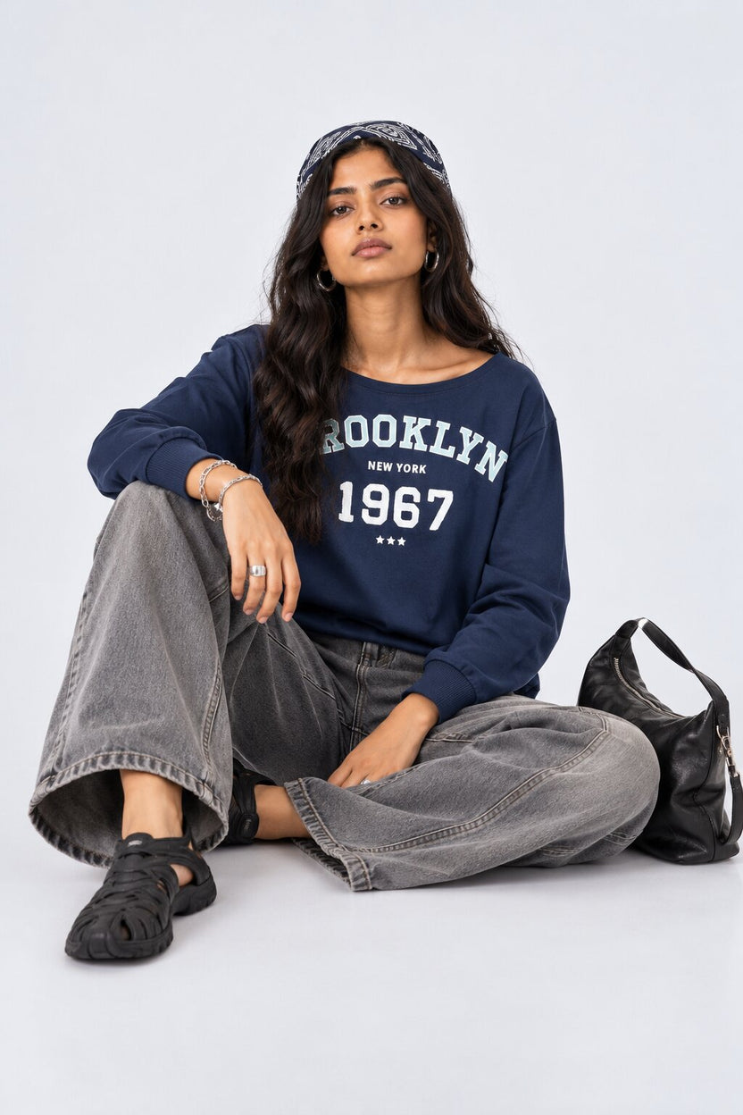 Womens Navy Drop Shoulder Sleeves Regular Fit Sweatshirt - Image 6
