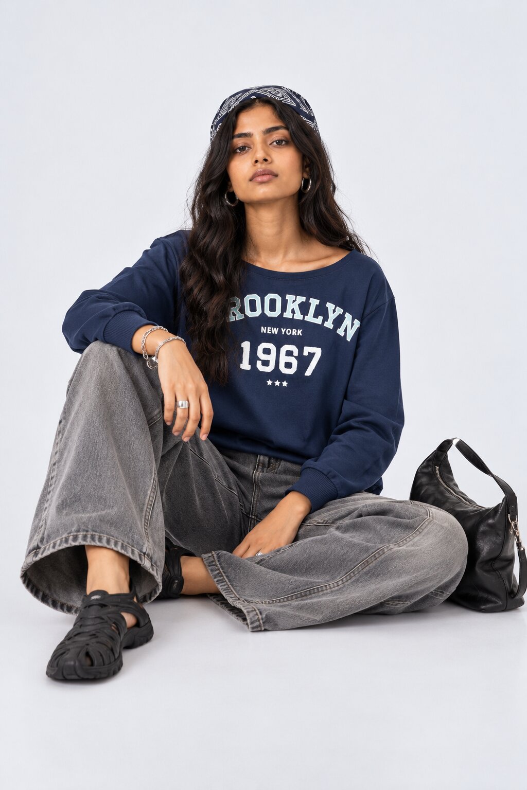 Womens Navy Drop Shoulder Sleeves Regular Fit Sweatshirt - Image 6