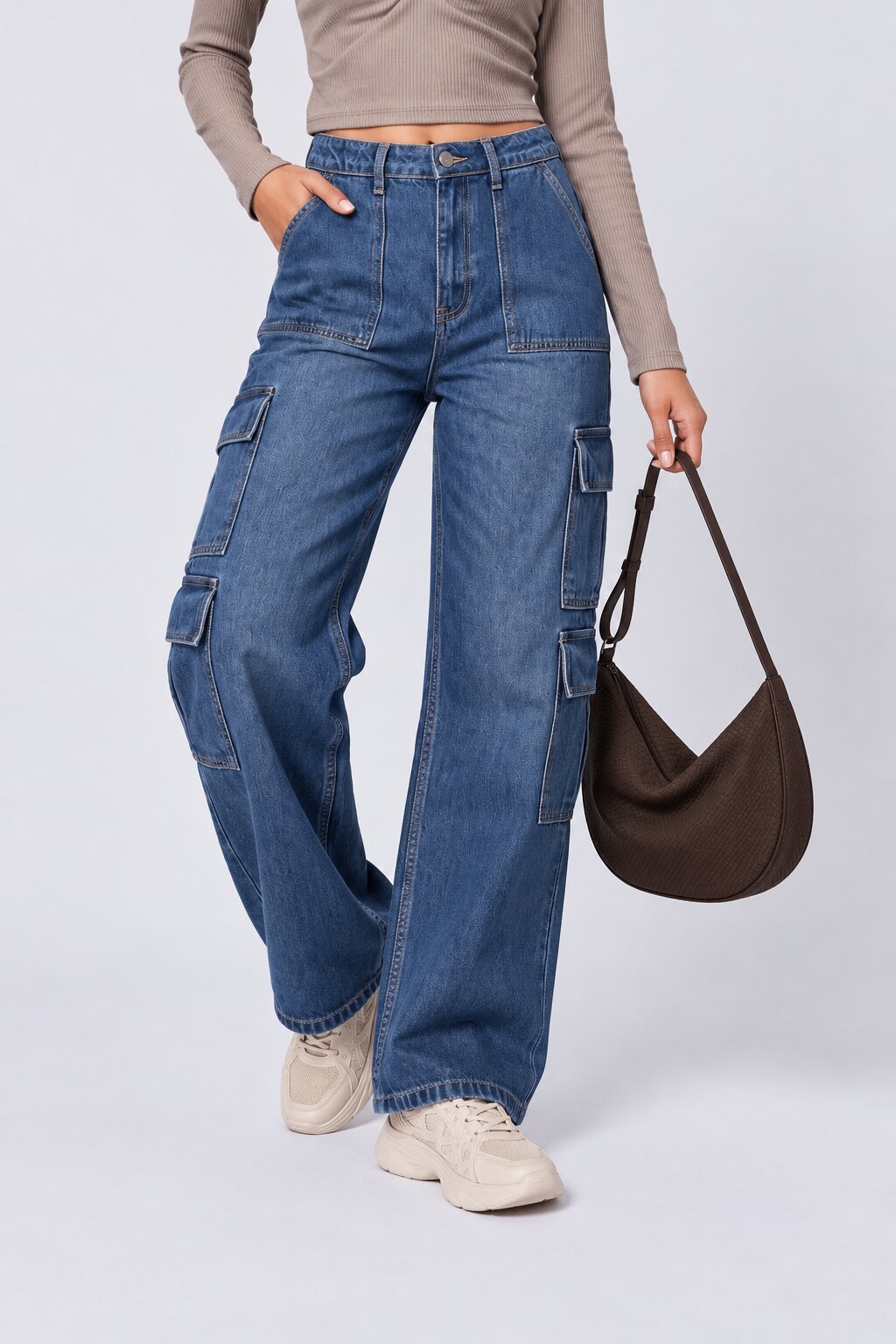 Womens Blue Regular Fit Cargo Jeans - Image 1