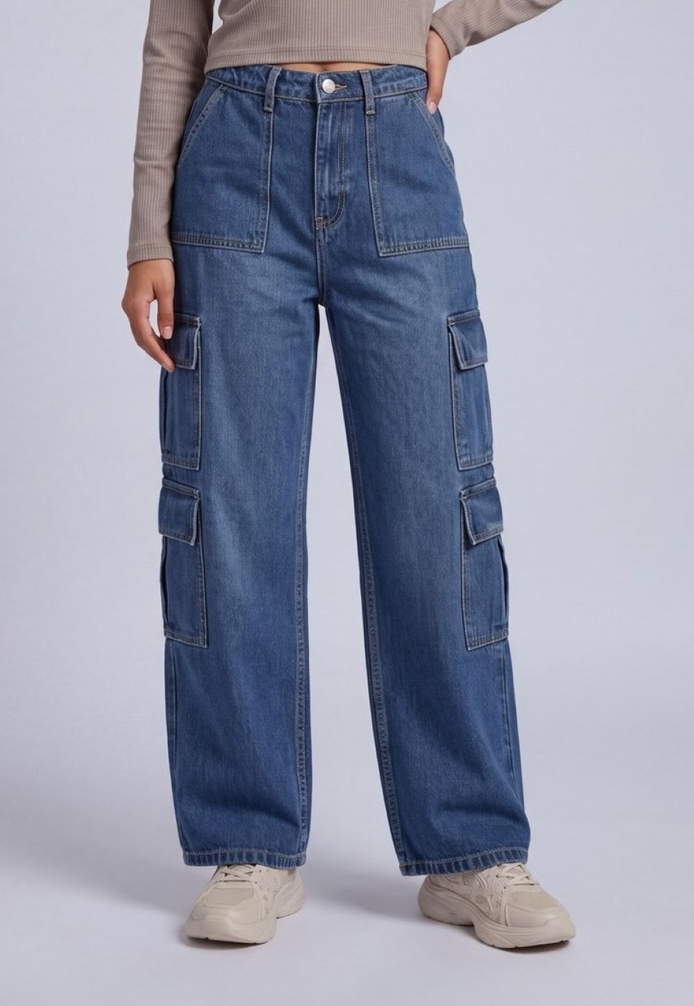Womens Blue Regular Fit Cargo Jeans - Image 2