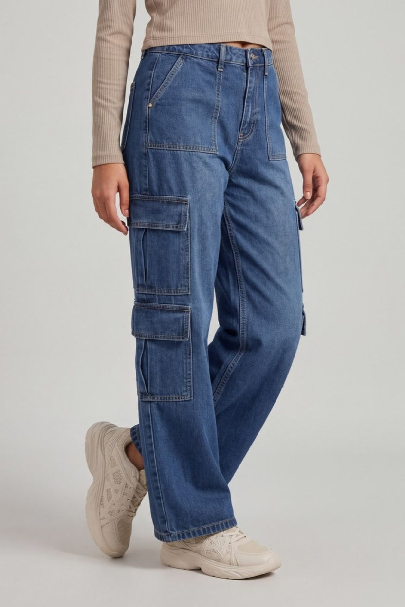 Womens Blue Regular Fit Cargo Jeans - Image 4