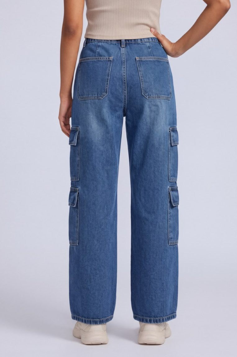 Womens Blue Regular Fit Cargo Jeans - Image 5