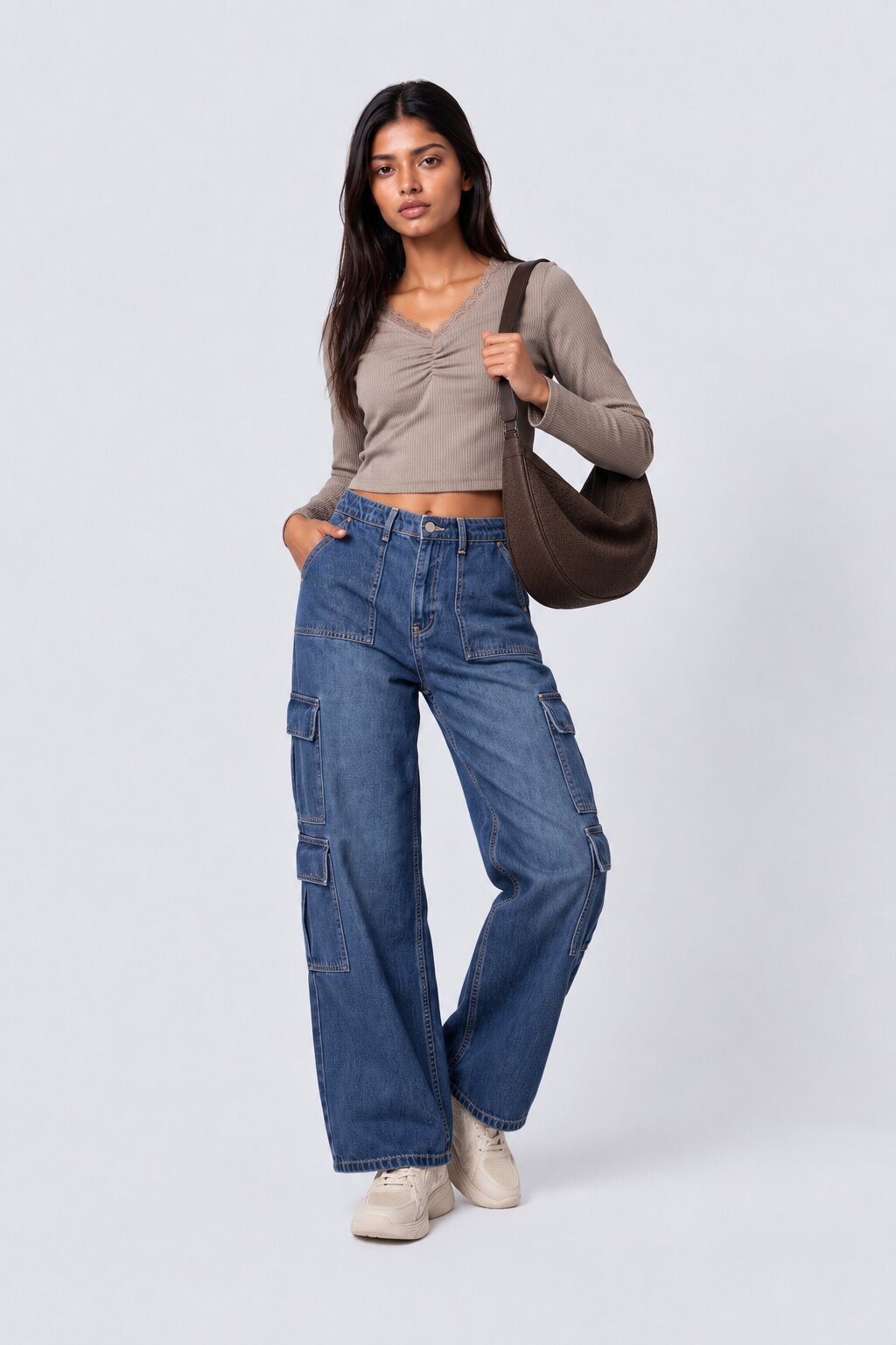 Womens Blue Regular Fit Cargo Jeans - Image 6