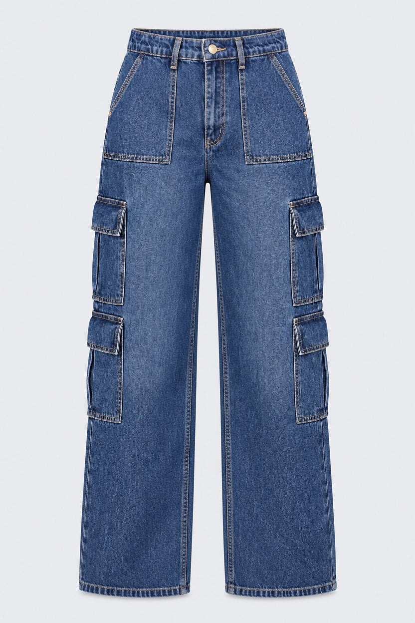 Womens Blue Regular Fit Cargo Jeans - Image 7