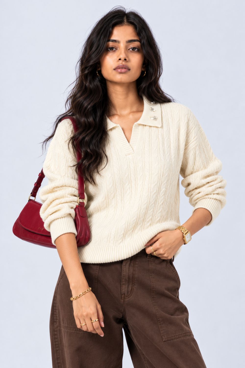 Womens Beige Cable Knit Collared Sweater - Image 1