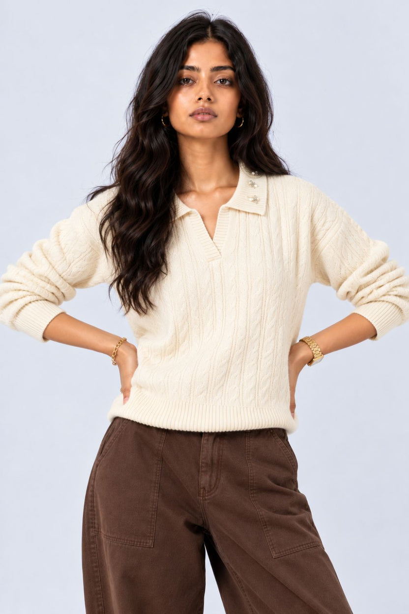 Womens Beige Cable Knit Collared Sweater - Image 2