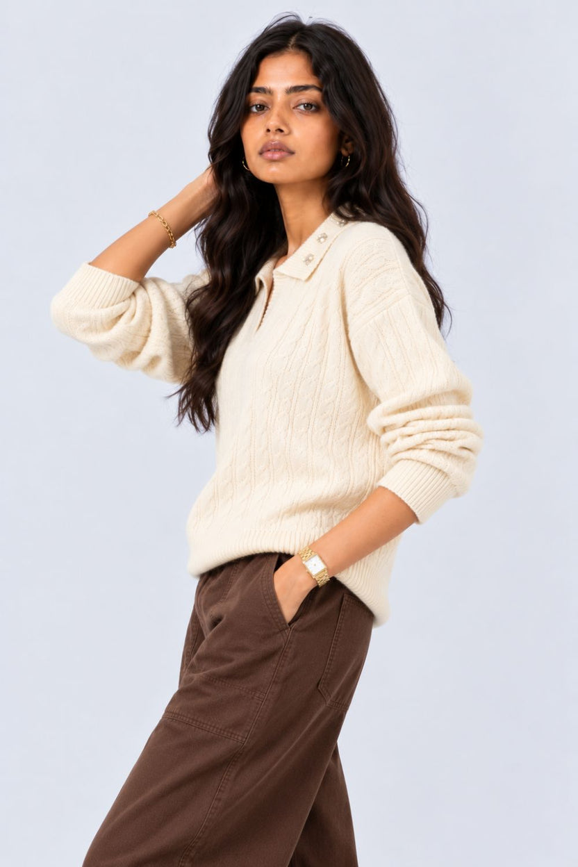 Womens Beige Cable Knit Collared Sweater - Image 4