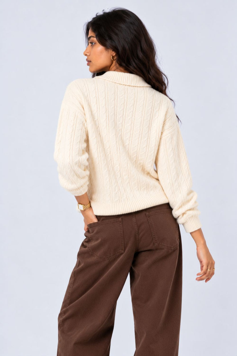 Womens Beige Cable Knit Collared Sweater - Image 5