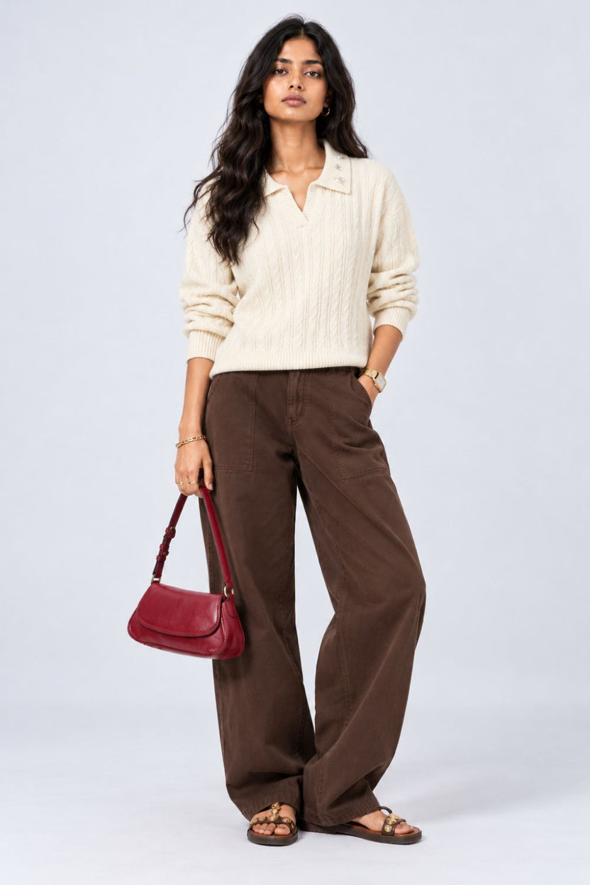 Womens Beige Cable Knit Collared Sweater - Image 6