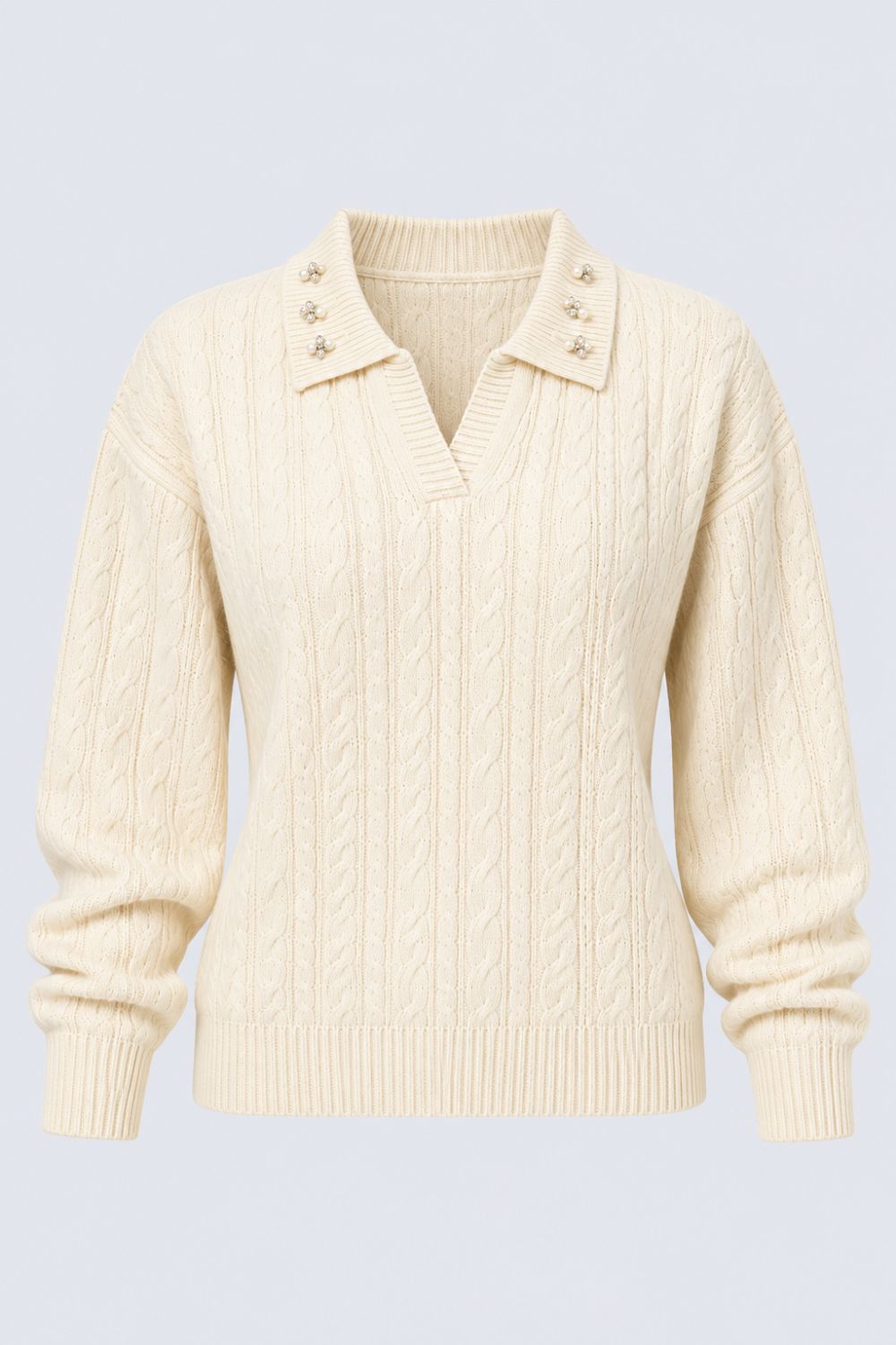 Womens Beige Cable Knit Collared Sweater - Image 7