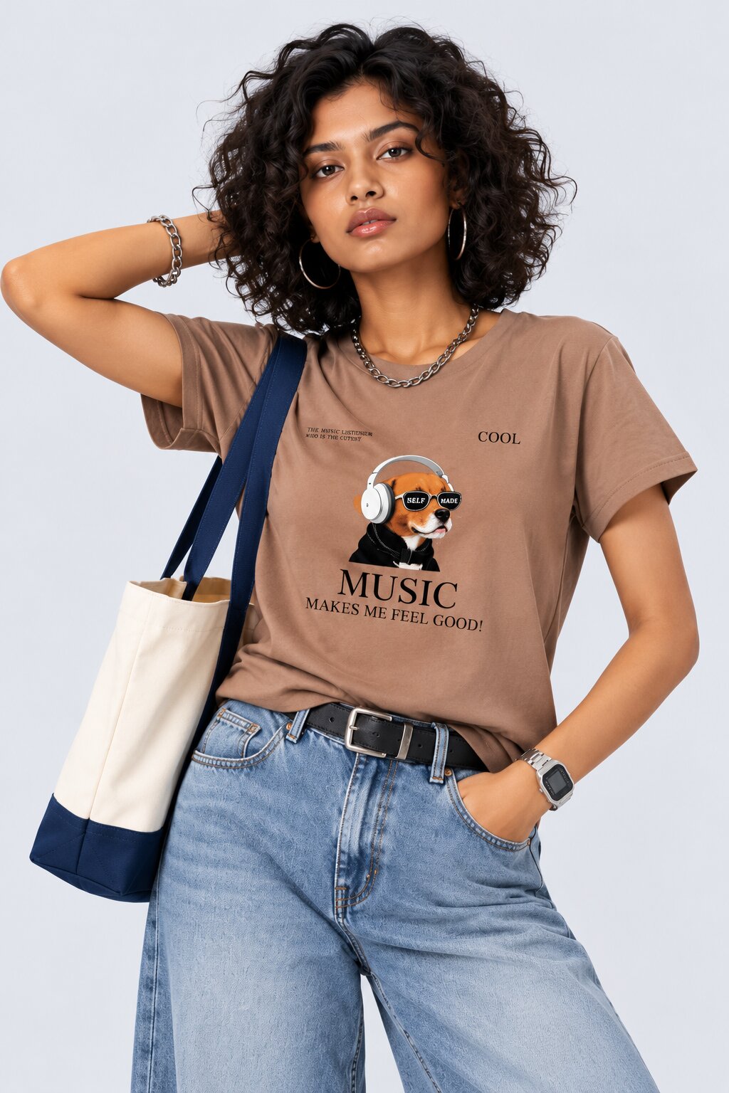 Womens Taupe Music Graphic Printed T-Shirt - Image 1
