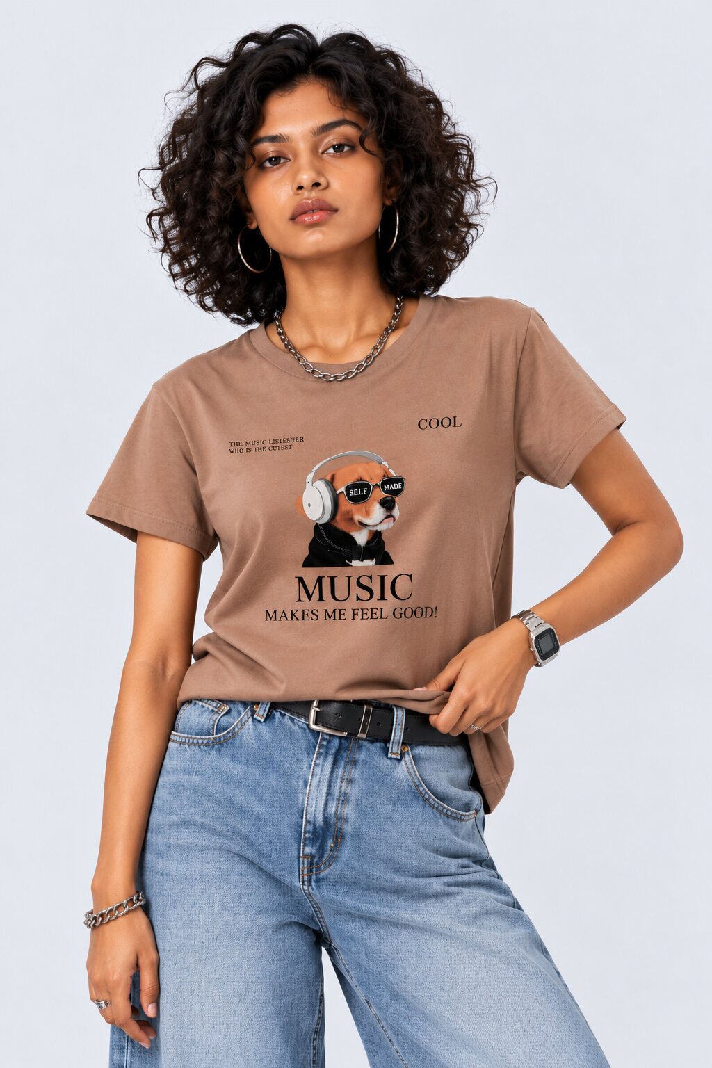 Womens Taupe Music Graphic Printed T-Shirt - Image 2