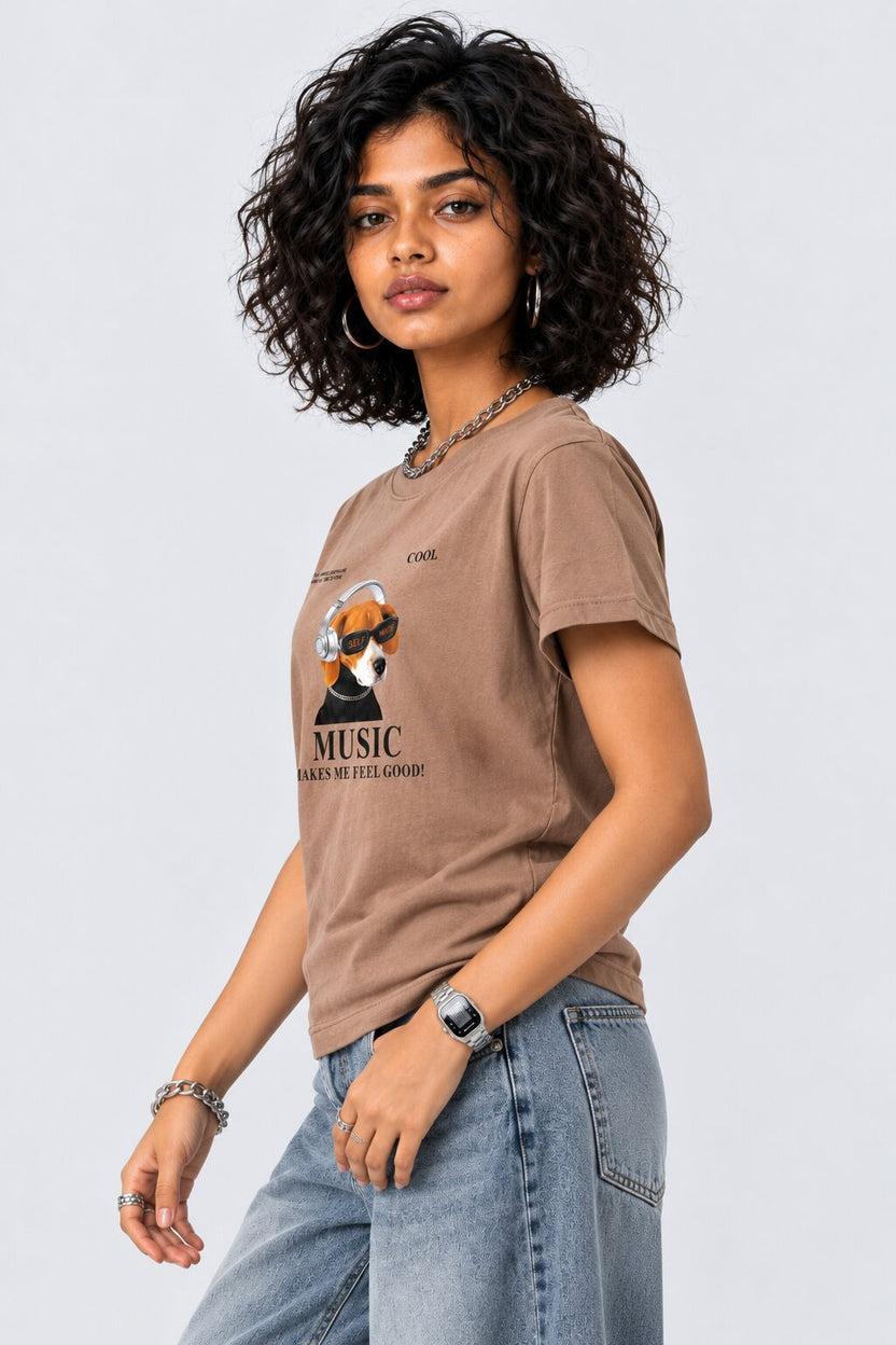Womens Taupe Music Graphic Printed T-Shirt - Image 4