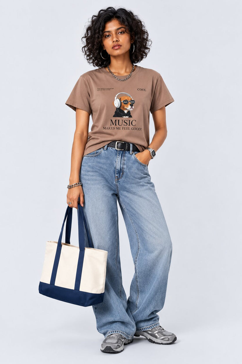 Womens Taupe Music Graphic Printed T-Shirt - Image 6