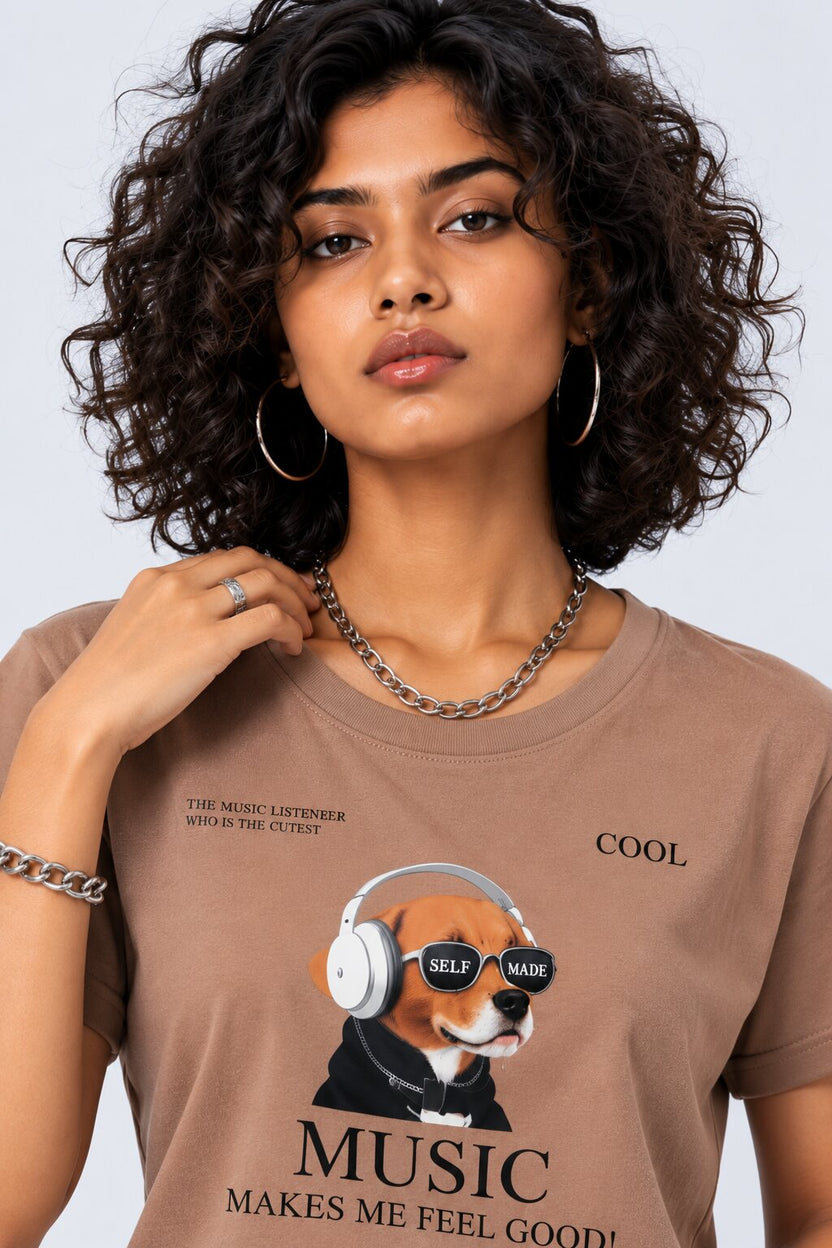 Womens Taupe Music Graphic Printed T-Shirt - Image 8