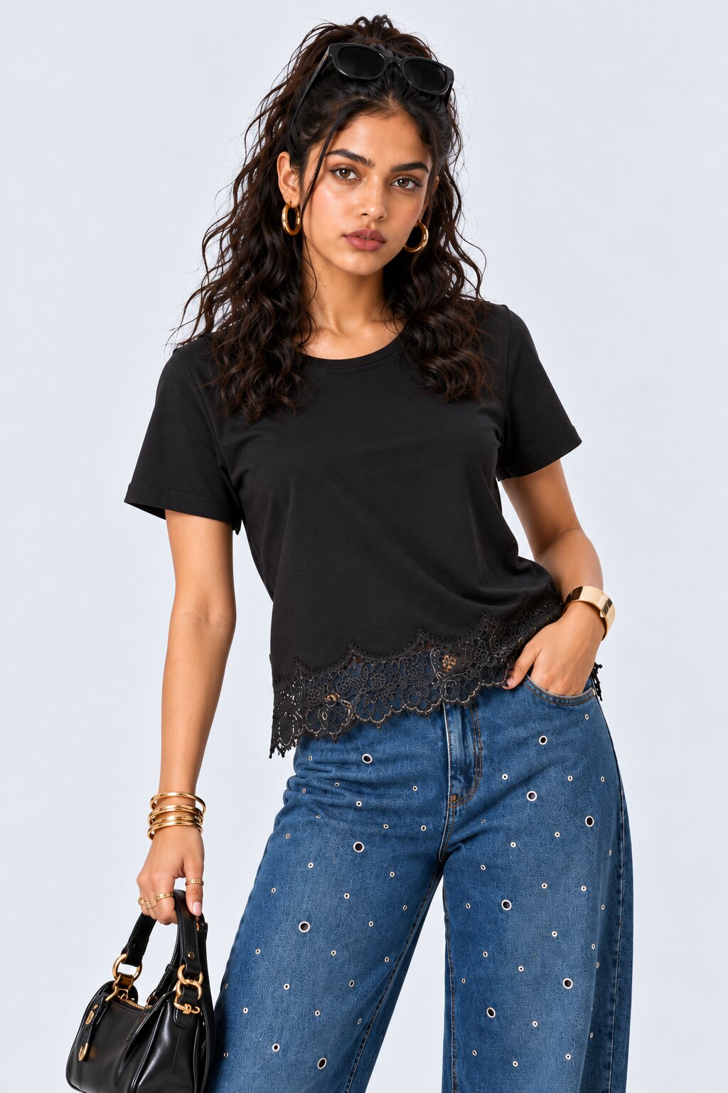 Womens Black Lace Hem Top - Image 1