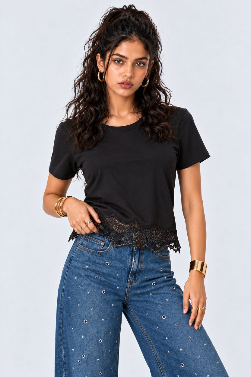 Womens Black Lace Hem Top - Image 2