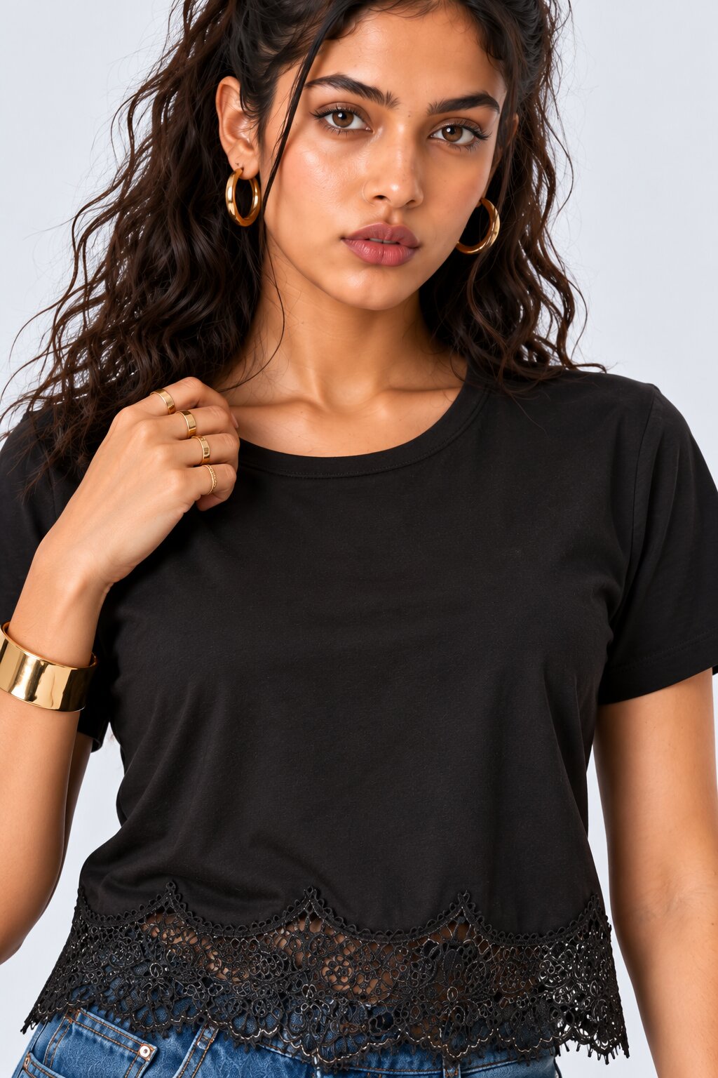 Womens Black Lace Hem Top - Image 3