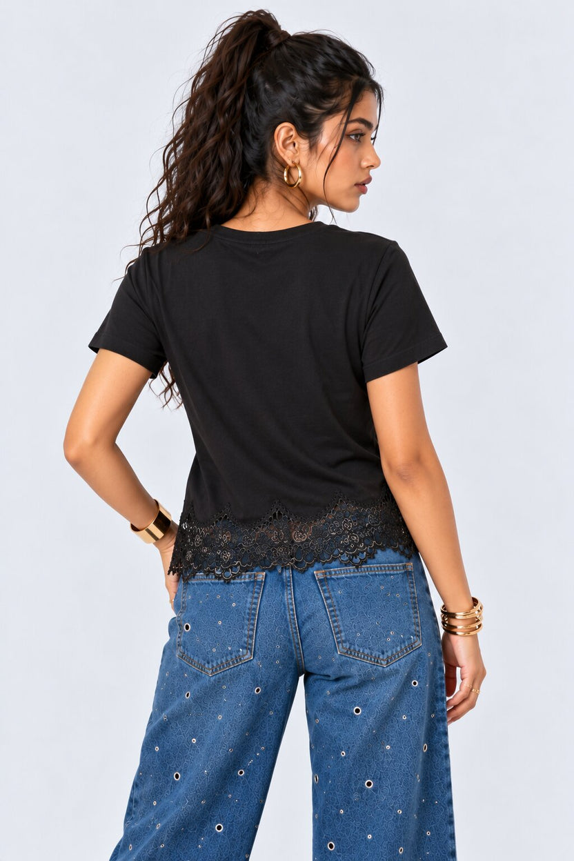 Womens Black Lace Hem Top - Image 5