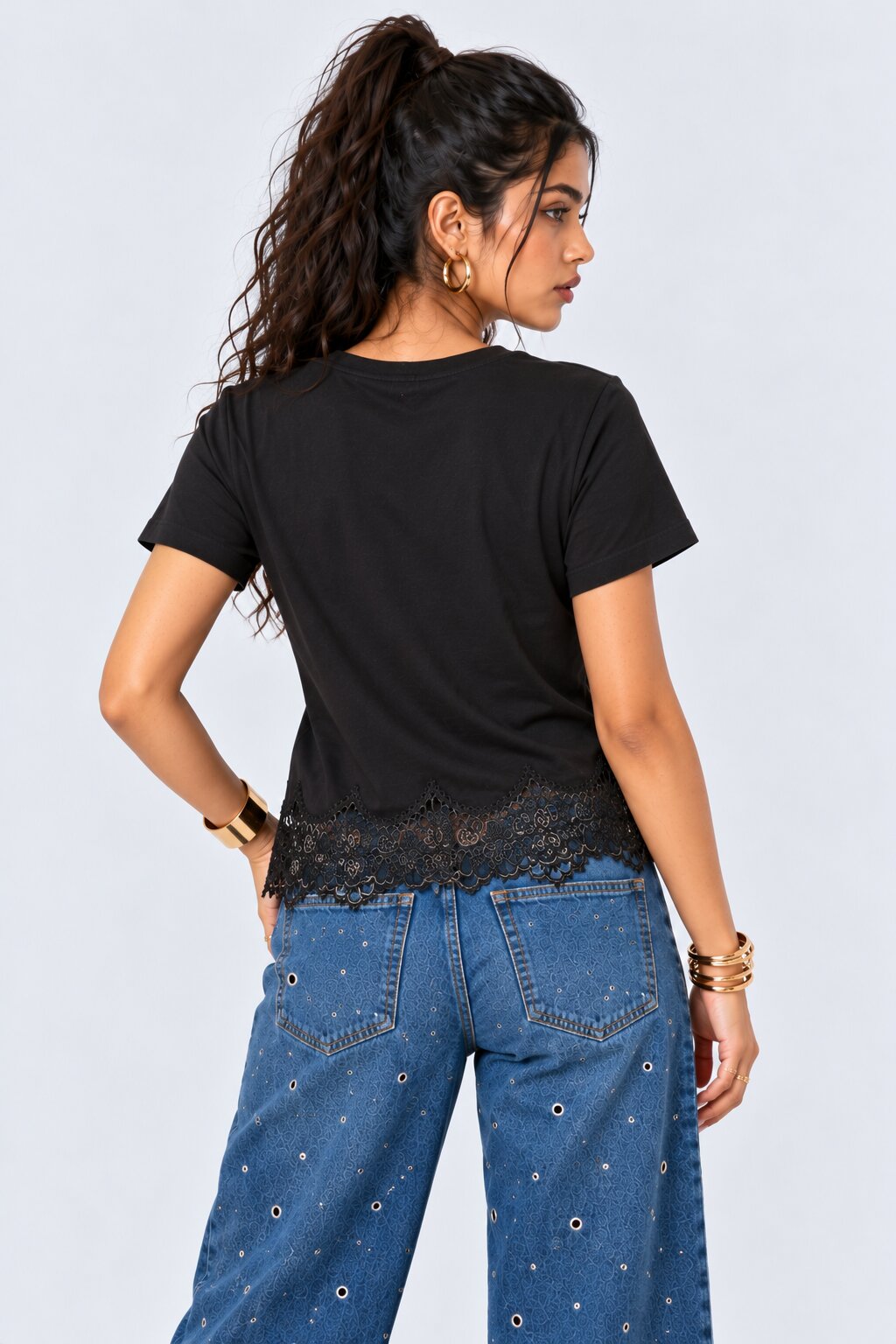 Womens Black Lace Hem Top - Image 5