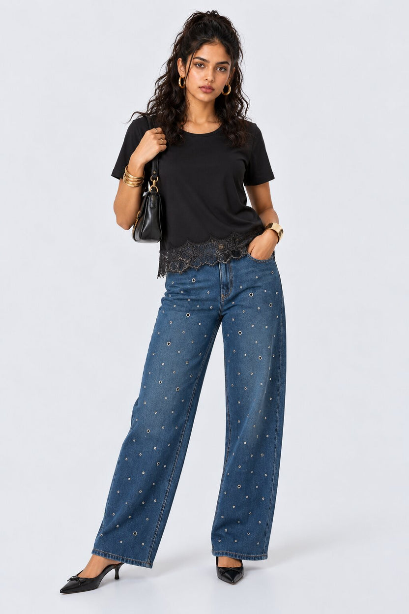 Womens Black Lace Hem Top - Image 6