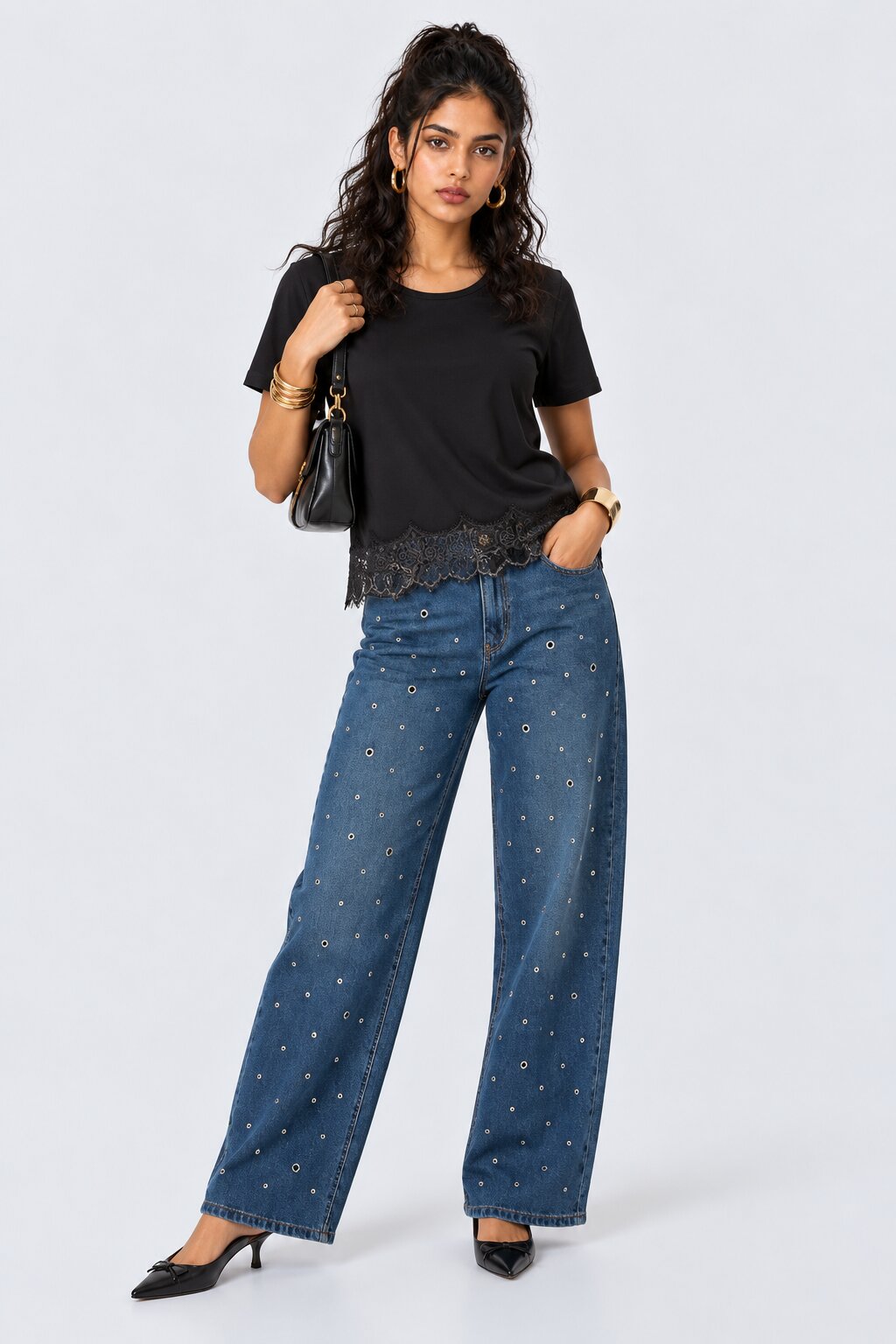 Womens Black Lace Hem Top - Image 6