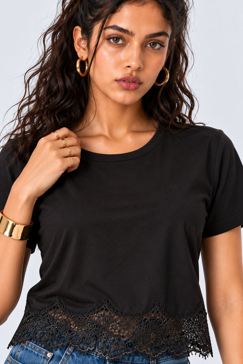 Womens Black Lace Hem Top - Image 8