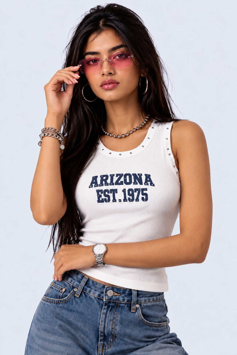 Womens White Arizona Graphic Ribbed Tank Top - Image 1