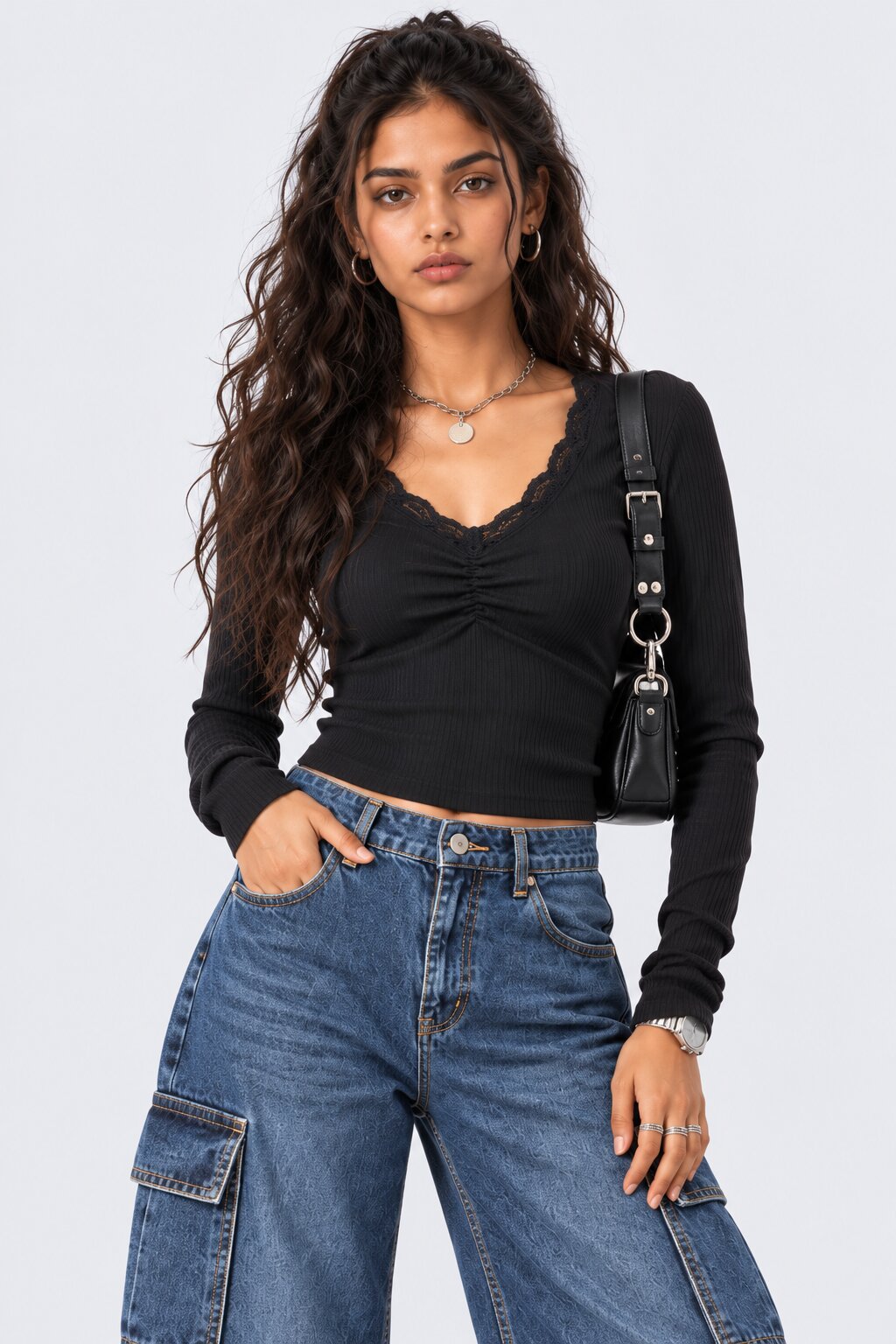 Womens Black Ribbed Lace Trim Crop Top - Image 1