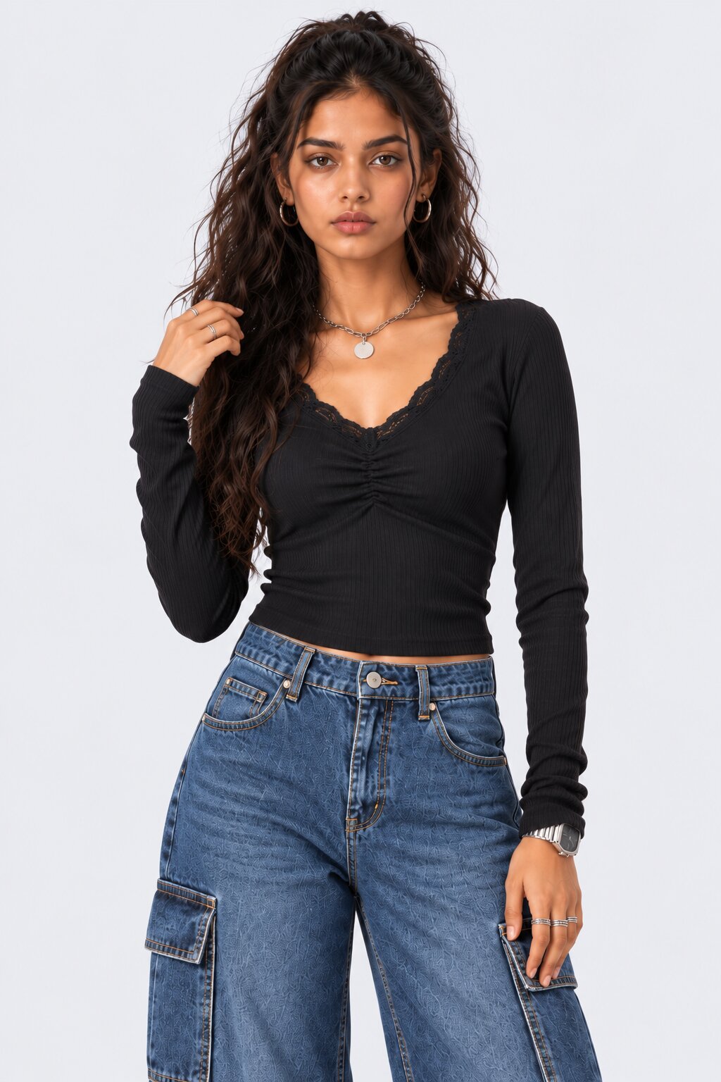 Womens Black Ribbed Lace Trim Crop Top - Image 2